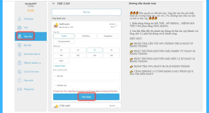 Chọn mức tiền nạp và nhập mã thẻ theo hướng dẫn Jun88
